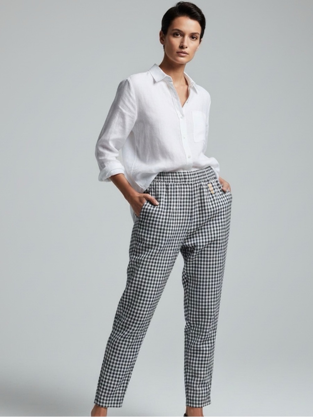 Made in Italy 100% linen Black & White Gingham High-Rise Tapered Pants